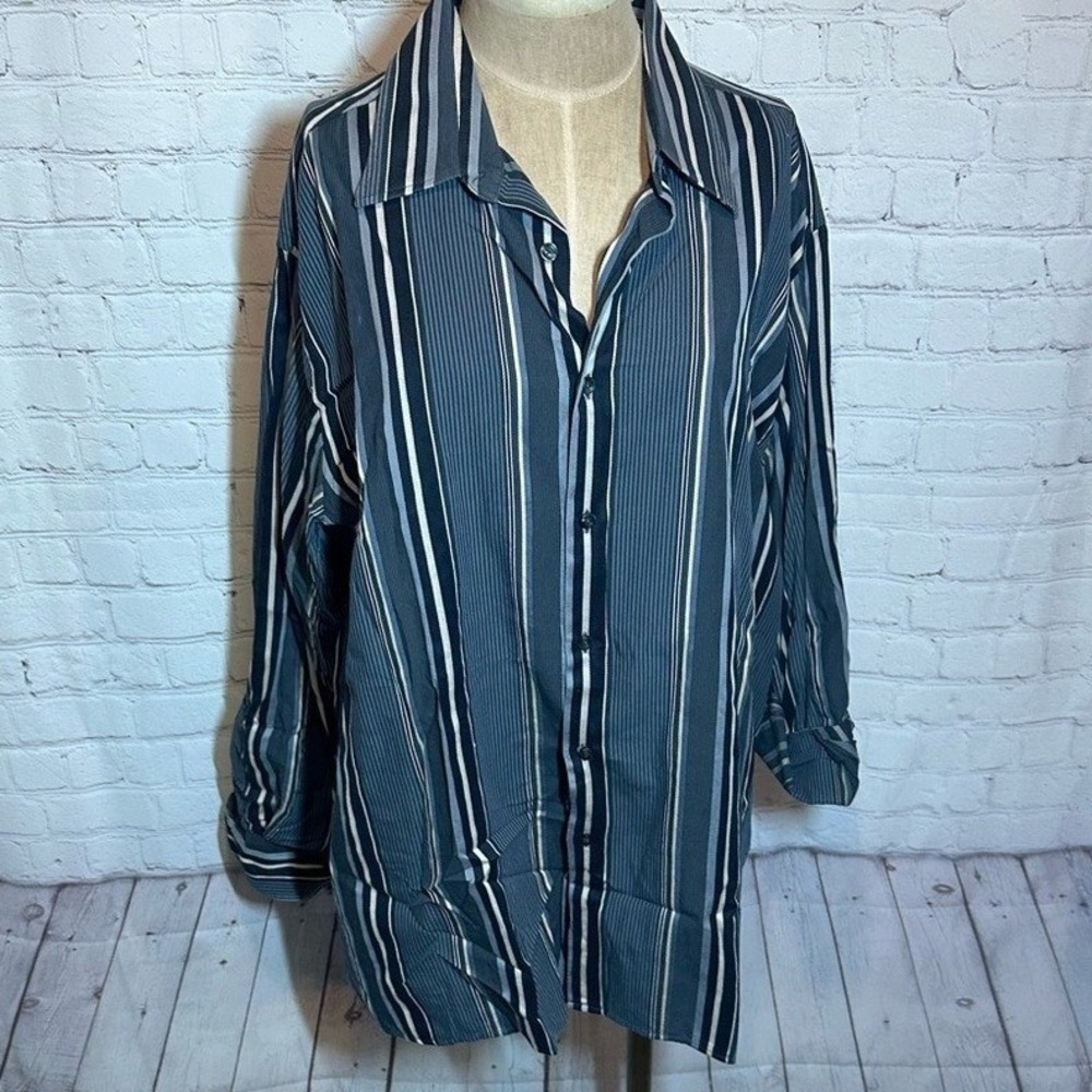Perry Ellis Mens XL Long Sleeve Button Down Shirt Grey Black Blue Striped Cotton
